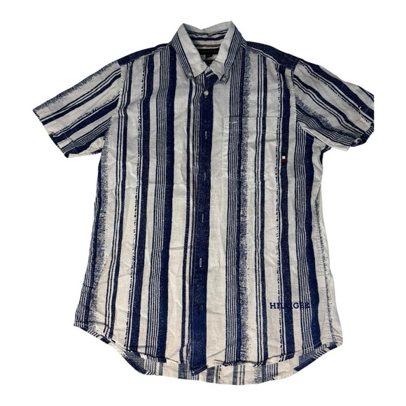 Tommy Hilfiger Navy and White Striped button down Shirt 100% cotton size small - Picture 1 of 5